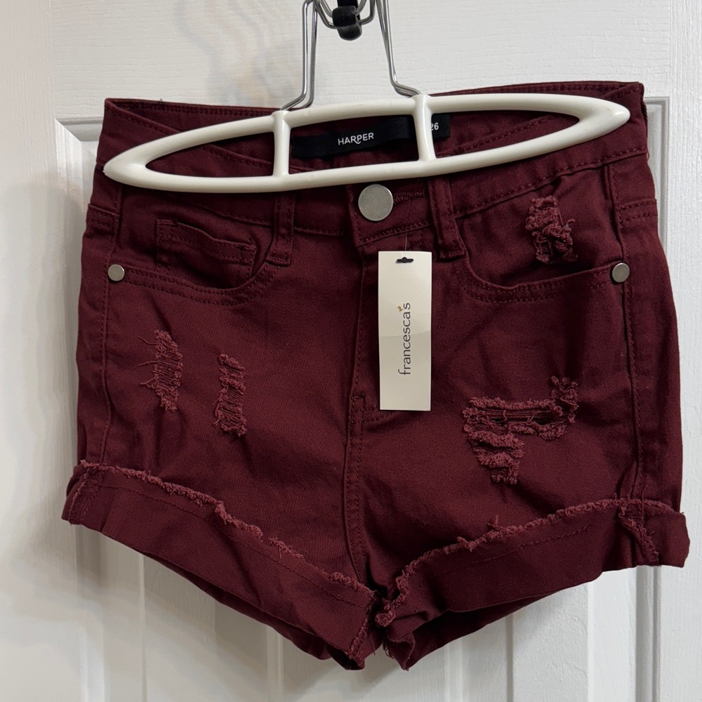 Francesca's Collections Harper Dark Red Distressed Jean Shorts, Size 26 NEW!
